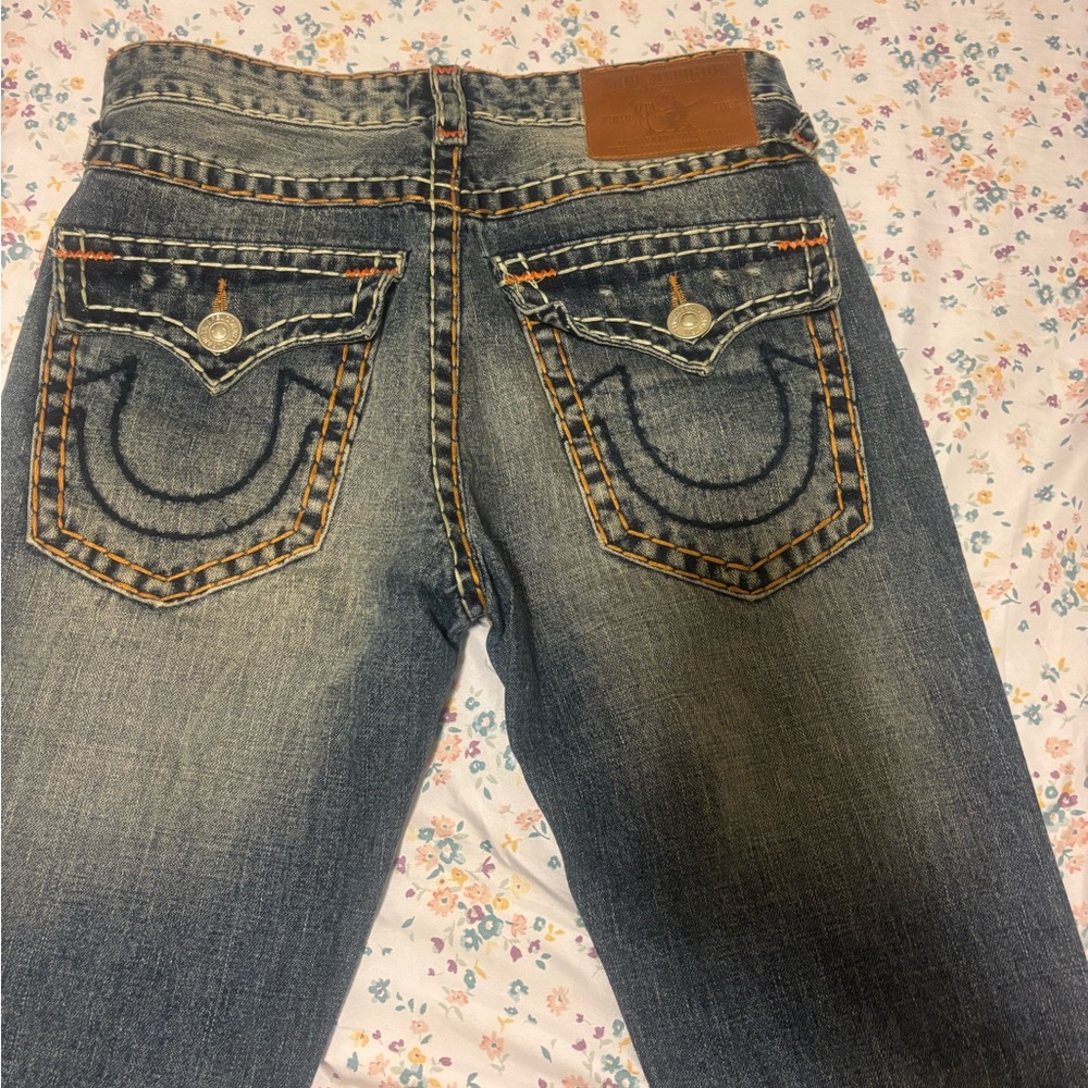 True Religion Blue Denim with Tan Leather Patch